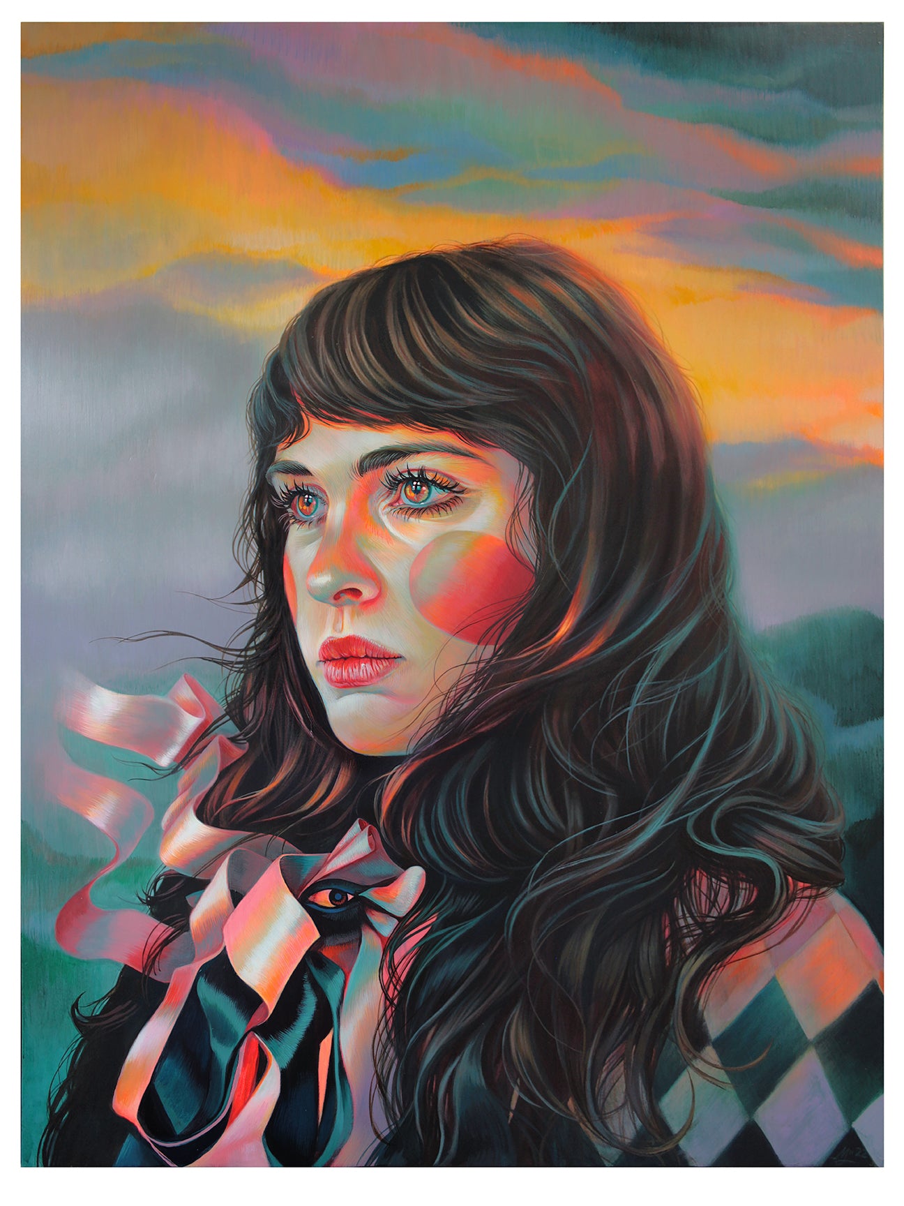 The Allcy One surreal painting by Martine Johanna features a woman with long dark hair gazing sideways, her hair and face merging into a vibrant landscape of soft shapes. The sky, in pink, orange, and blue hues, enhances the ethereal atmosphere.