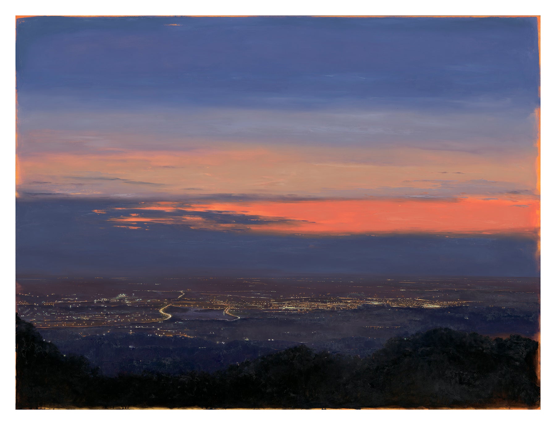Adam Halls Nocturnal Valley is an archival pigment print capturing a cityscape at dusk. The orange and blue sky contrasts with sparkling city lights, framed by dark silhouettes of hills and trees in this enchanting landscape painting.