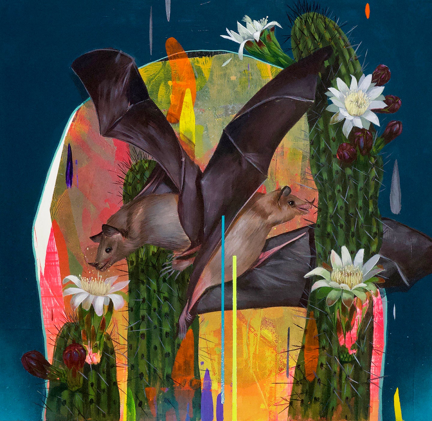 Pollinators by Frank Gonzales features two bats flying among blooming cacti with white flowers, set against a background of abstract multicolored shapes. This dynamic and surreal illustration is available as a signed and numbered archival pigment print.