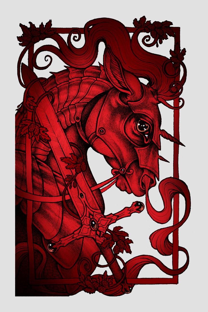 This archival pigment print by Caitlin Hackett, The Red Horse of War, depicts a majestic armored unicorn with a sword, its mane and tail entwined with ornate leaves and vines within an elegant border.