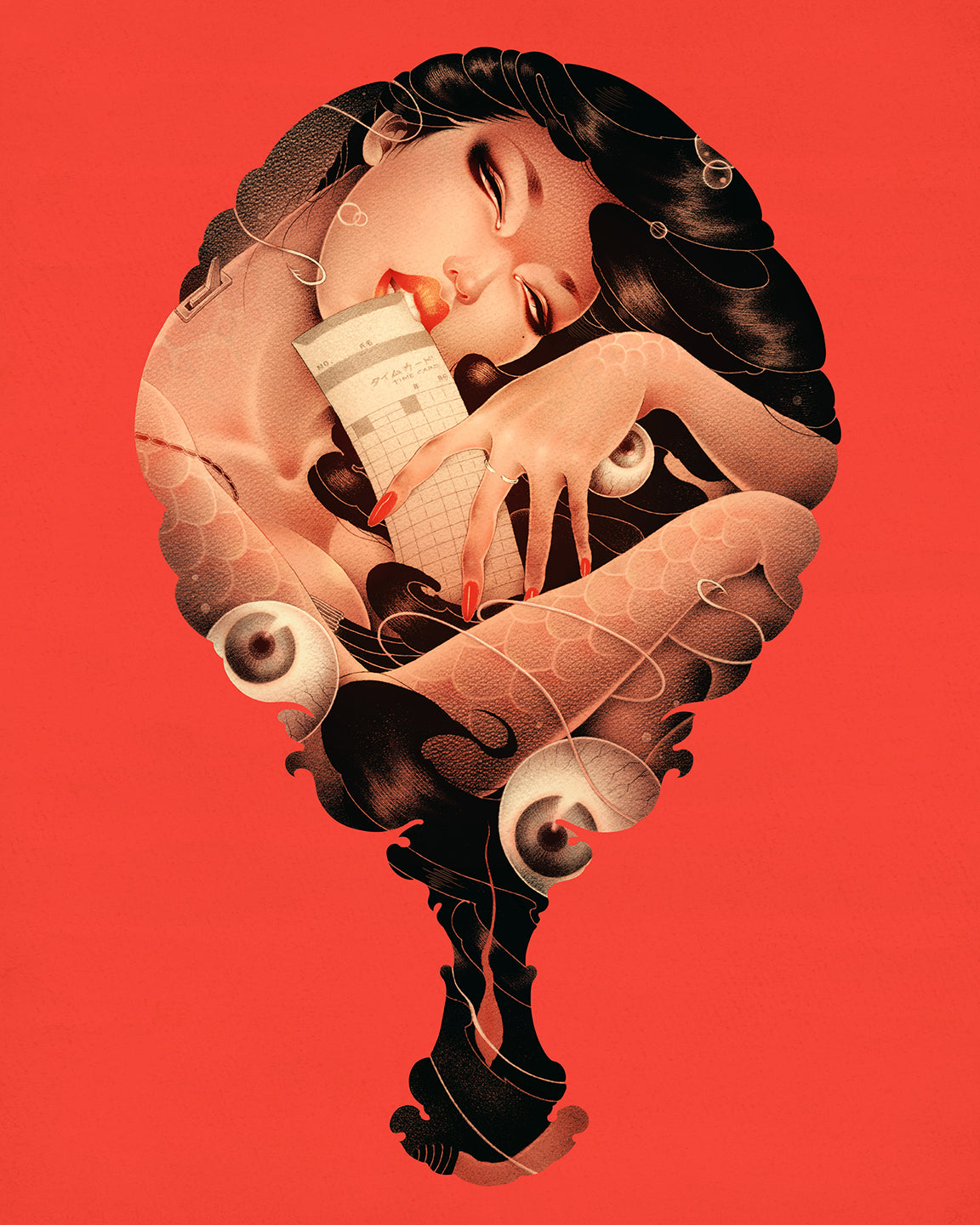 ONEQs Part-Time Mermaid features a dreamy, dark-haired woman holding a scroll against a red backdrop. This artistic illustration blends fluid shapes and surreal effects with eyes and abstract forms, available as an archival pigment print.