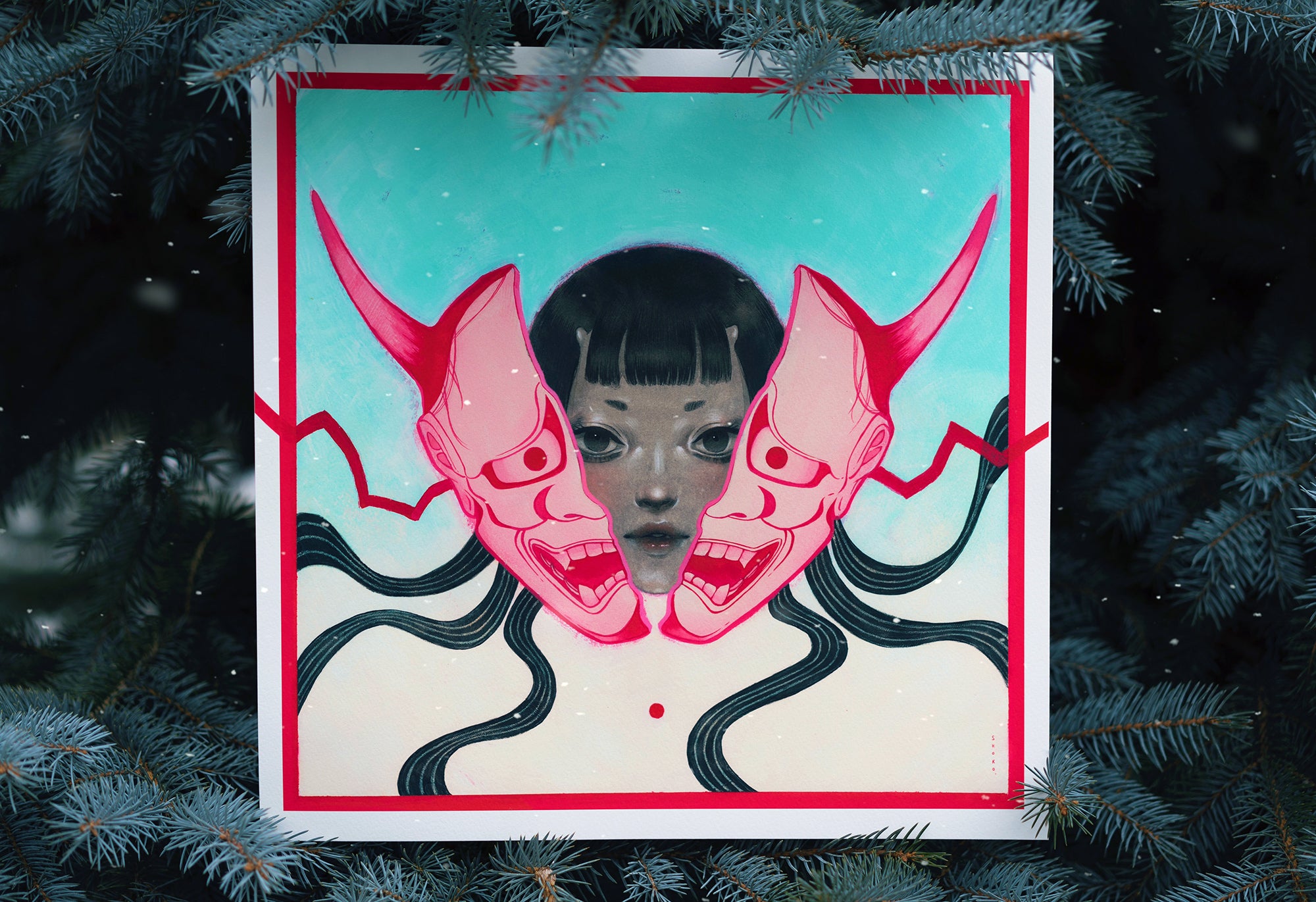 A vibrant archival pigment print titled HANNYA by Shoko Ishida shows a girls face with short dark hair between two red, horned masks. Wavy black lines and a red dot enhance the turquoise background, enclosed by pine tree branches.