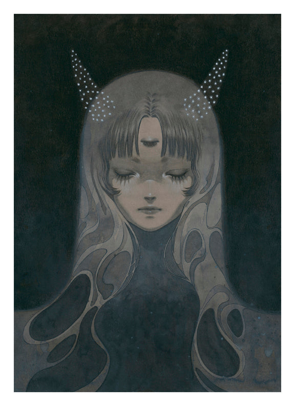 Surreal artwork of a woman with closed eyes, a third eye on her forehead, and long flowing hair adorned with horn-like structures in a dark, mysterious palette. Titled Stardust Slumber, this dreamscape is captured in an Archival Pigment Print by Shoko Ishida.