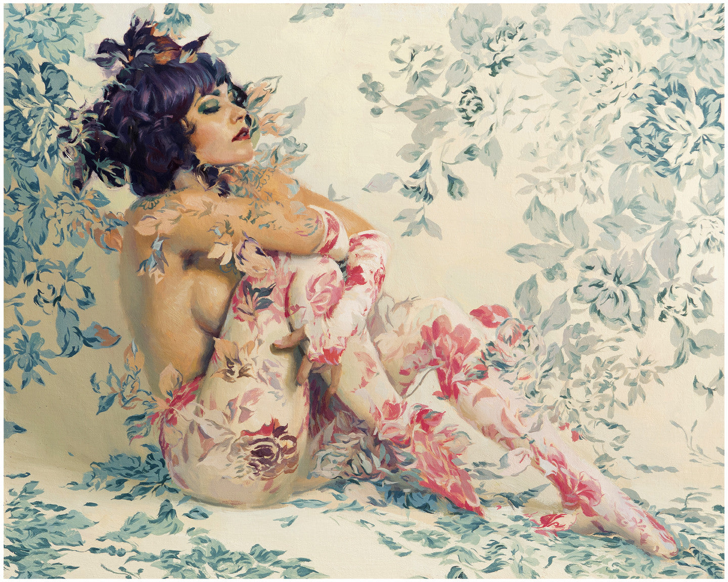 Sergio Lopezs limited edition giclee, Greensleeves, features a dark-haired woman seated against a floral backdrop. Her body is adorned with matching blossoms, creating a seamless blend. With one knee up and eyes closed, she exudes calm.