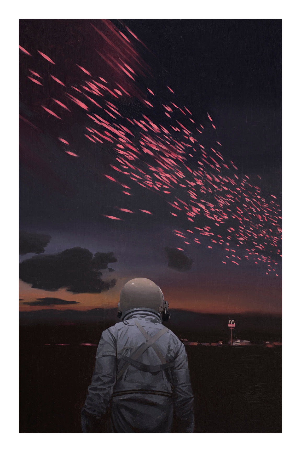 An astronaut in Night Lights by Scott Listfield gazes at a pink, glowing trail-filled night sky. A landscape silhouette surrounds a distant sign, creating a surreal atmosphere reminiscent of an archival pigment print.