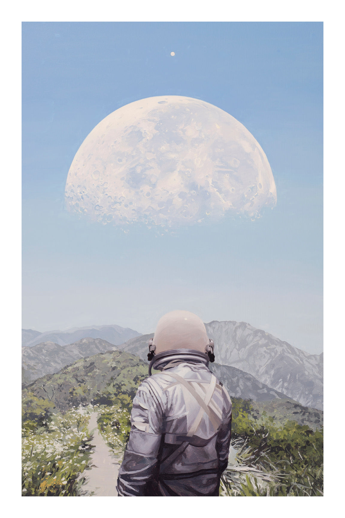 A person in a spacesuit stands on a path among green hills, gazing at the White Moon by Scott Listfield, evoking exploration and tranquility in natures serene beauty.