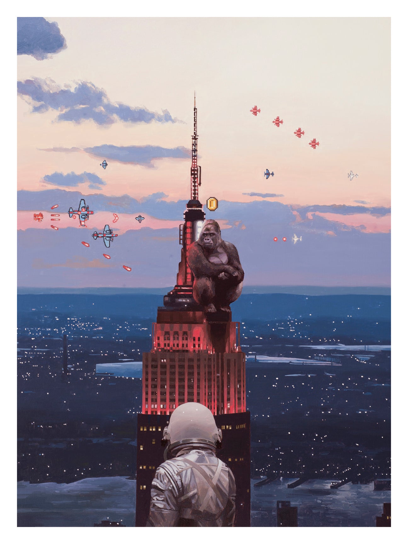 A giant gorilla from KONG stands on a skyscraper while a figure in a spacesuit, styled after Scott Listfields brand, watches from a rooftop as pixelated aircraft circle against the sunset.