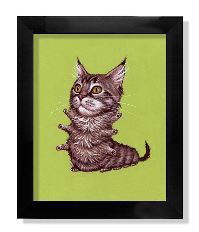 This limited edition fine art print, Maine Coon by Casey Weldon, features a six-legged kitten resembling a Maine Coon Caterpillar with large eyes and perky ears against a light green background. Its signed, numbered, and elegantly framed in black.