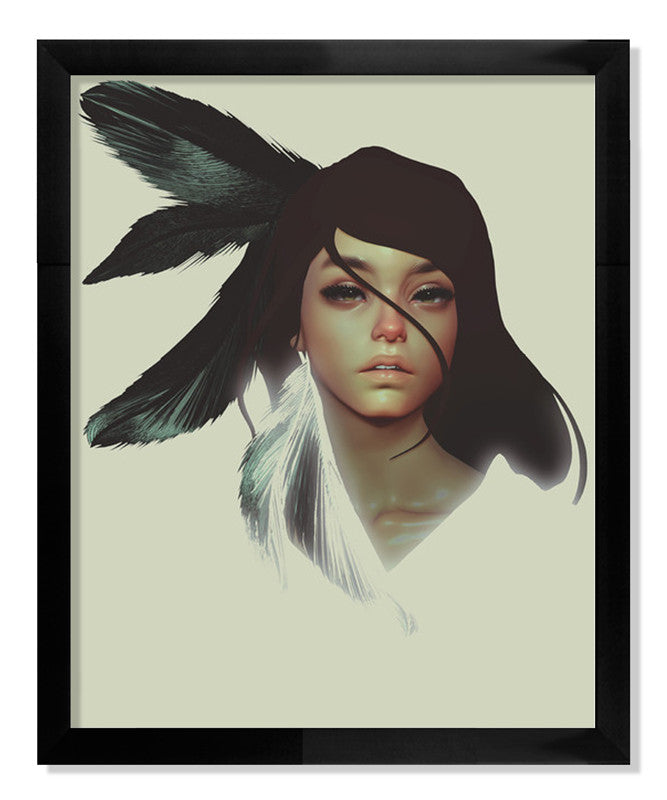 The limited edition illustration, Dreamcatcher by Cezar Brandao, portrays a woman with long dark hair and large dark feathers akin to a dreamcatcher, gazing forward with neutrality. Complemented by a pale green background, its elegantly framed in black as a fine art giclee print.