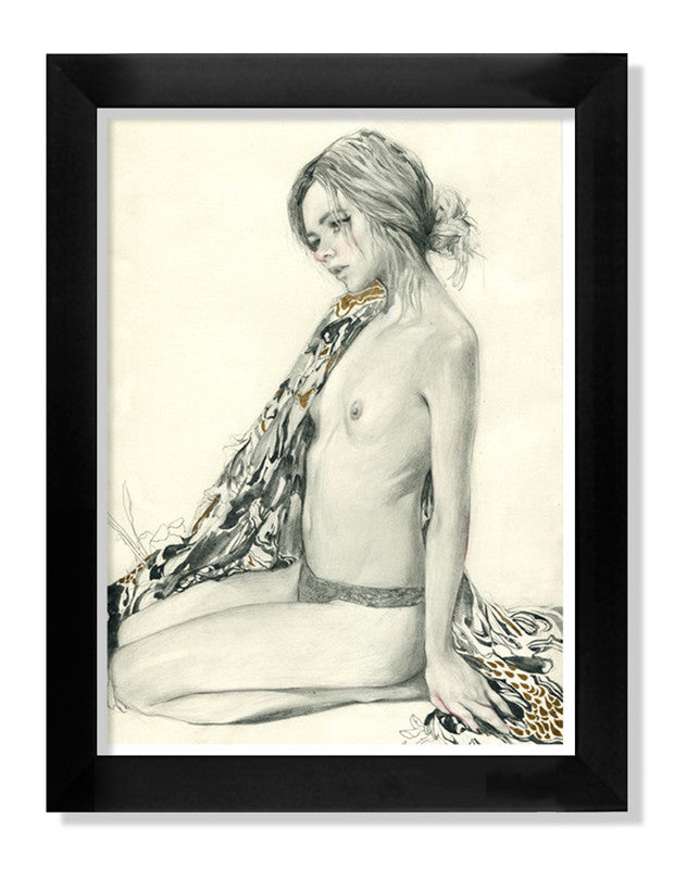 Helice Wens Pattern Study #1 is a framed sketch showcasing a seated woman with tied-back hair, partially draped in intricately designed cloth, captured with soft pencil strokes as a fine art giclee print.