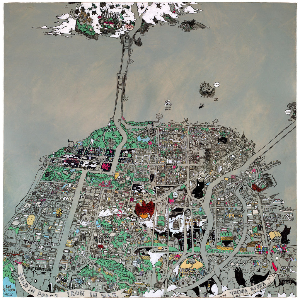 The Secret Histories of San Francisco by Deth P Sun is an illustrated fantasy map featuring whimsical details, landmarks, cartoon art, exaggerated buildings, colorful characters, diverse elements, and creative text labels in a limited edition fine art giclee print.