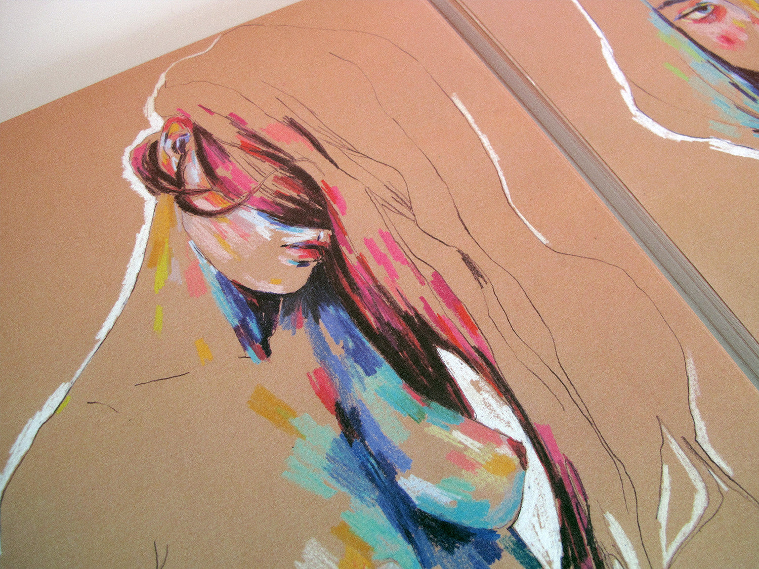 An archival pigment print artwork titled Muse 831 by Conrad Roset features an abstract depiction of a woman with long hair, her contemplative expression and delicate posture rendered in vibrant pink, blue, and white strokes on a beige background.