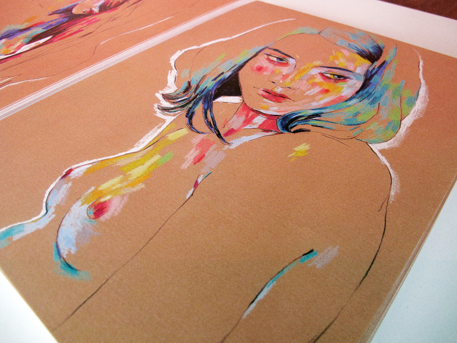 Muse 829 by Conrad Roset features a womans upper figure with expressive abstract brushstrokes in blue, pink, and yellow on brown paper. This archival pigment print captures the artworks captivating essence and style.