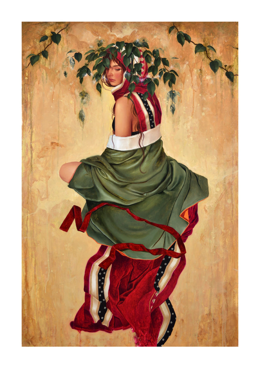 A tranquil woman with closed eyes, draped in flowing green and red fabric with vine-adorned hair, features in Sasha Iras limited edition archival pigment print, A Place Somewhere Other Than Here, set against a textured earthy background for an ethereal vibe.