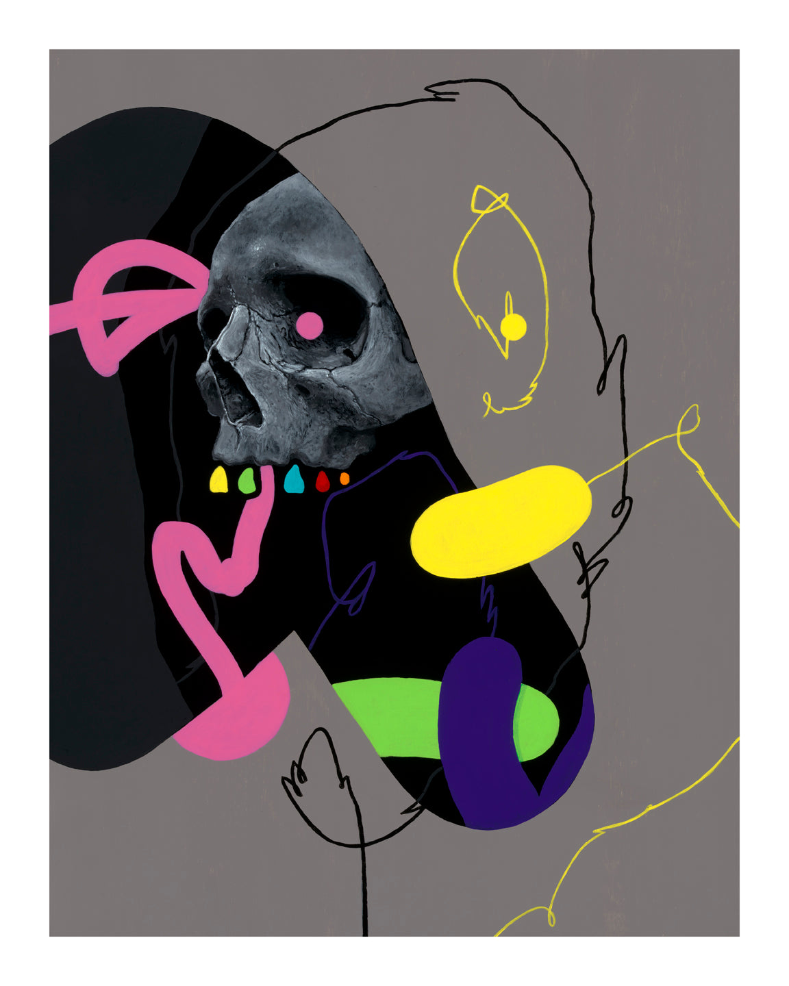 Ive Seen This Side Of You by Anthony Hurd is an abstract archival pigment print featuring a stylized human skull in profile. It boasts multicolored geometric shapes, including bright pink, yellow, and green on a dark gray background, creating a dynamic and modern composition.