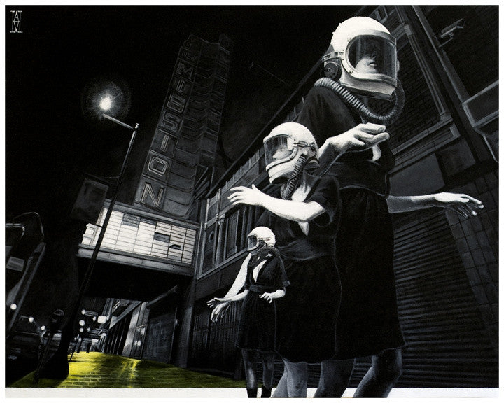 The giclee print Post-Credit Inception by Alec Huxley features three figures in space helmets and outfits beneath a theater sign reading MISSION. The dim street with mysterious shadows and wet pavement reflections creates an enigmatic fine art aura.