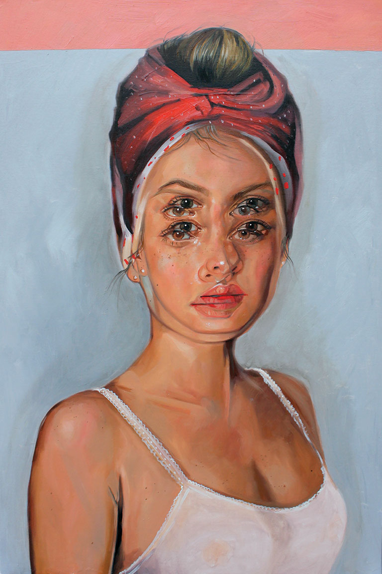 Wearing Your Dreams by Alex Garant is a surreal limited edition portrait featuring a woman with dual eyes and lips, in a red headscarf and white tank. The soft pink and blue background complements her neutral expression, enhancing the dreamlike quality. Each piece is signed and numbered for authenticity.