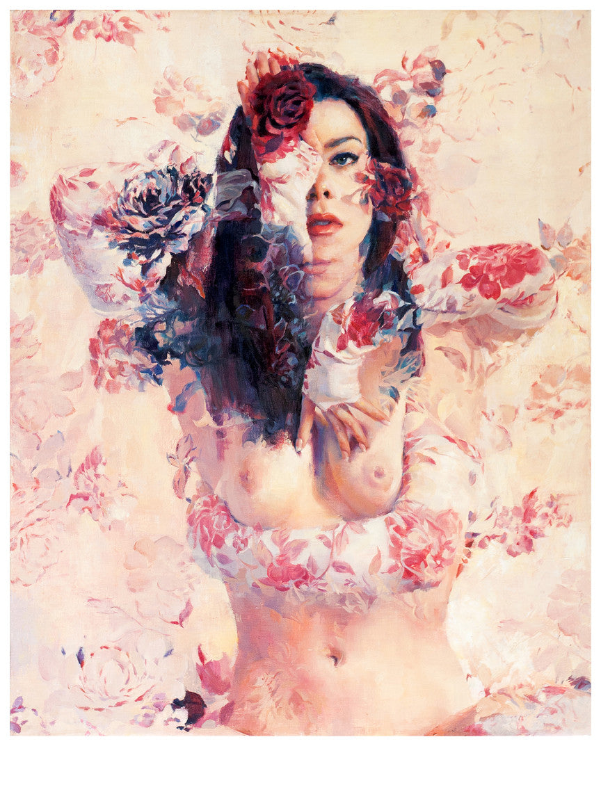 Angel Face, a limited edition fine art print by Sergio Lopez, showcases a surreal painting where a womans right arm and torso are intricately entwined with pink and red floral patterns, merging her figure with the background in a dreamlike interplay.