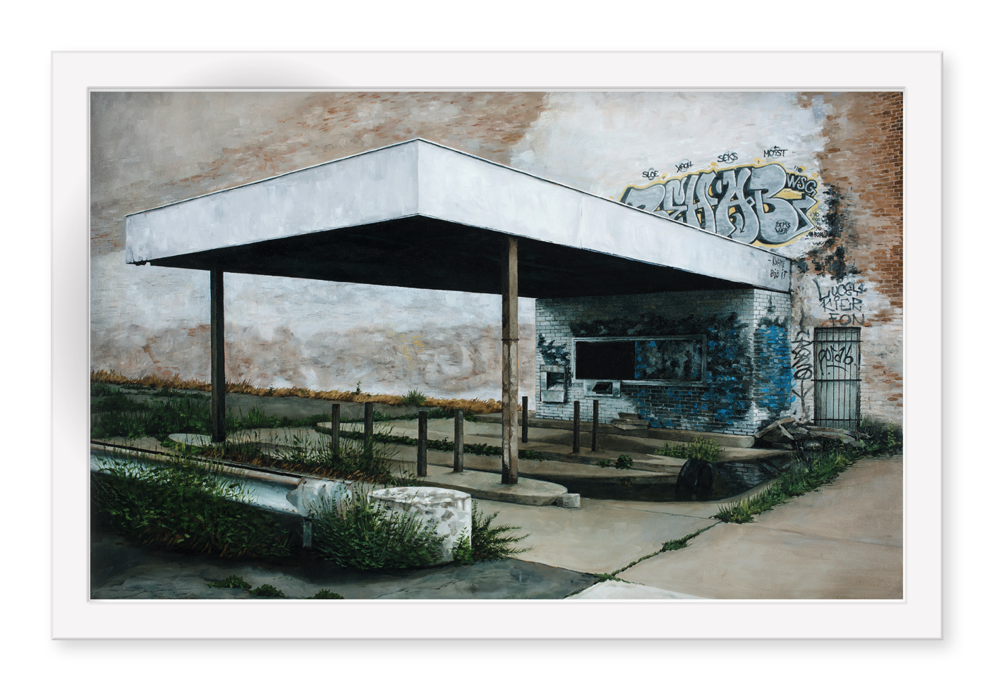 A white-roofed, abandoned gas station with overgrown grass and graffiti on the brick wall behind it is captured in "Kwame Did It," a limited edition signed art print by Stephanie Buer.