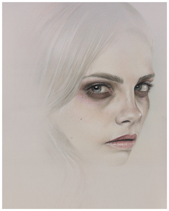 Bec Winnels giclee print Signal Fire features a subtle portrait of a person with light hair and piercing eyes, gazing seriously. The refined, soft-focus effect blends the subject’s features with the plain background in this hand-numbered edition.