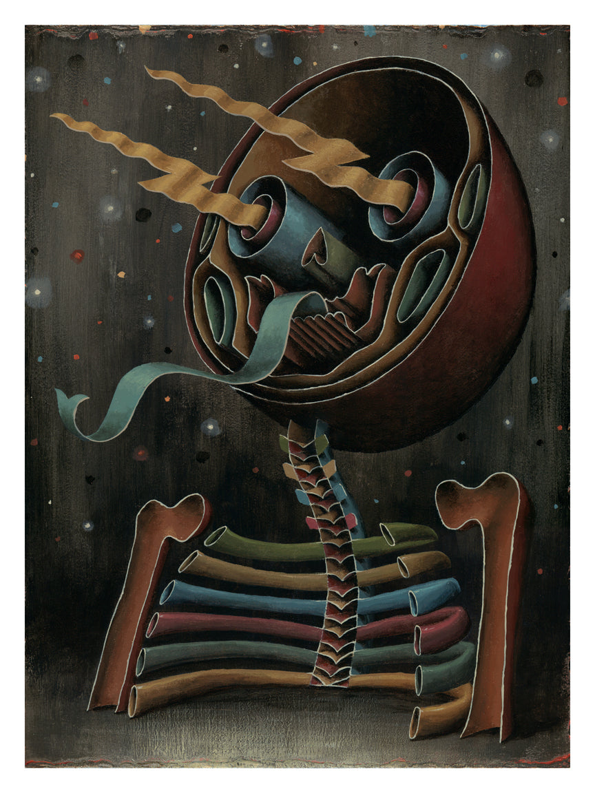 Bisected by Jason Limon features a surreal, bisected skeleton with a circular head, colorful ribcage, and ribbon-like tongue. Spiral shapes emit from its eye sockets against a dark, starry backdrop in this archival pigment print.
