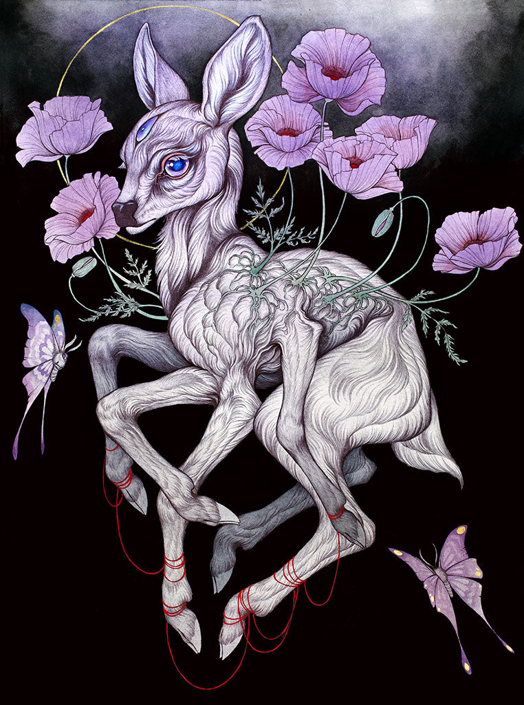 In Caitlin Hacketts The Sacred Child, a mystical fawn with an extra eye is surrounded by purple poppies and butterflies. Red threads encircle its legs, while the dark background enhances the surreal feel of this Archival Pigment Print.