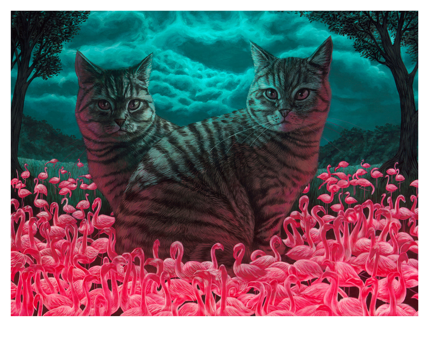 In Catbird Seat by Casey Weldon, two striped cats lounge like artful muses among vibrant pink flamingos, all beneath a cloudy teal sky framed by dark trees, creating a scene that radiates surreal magic.