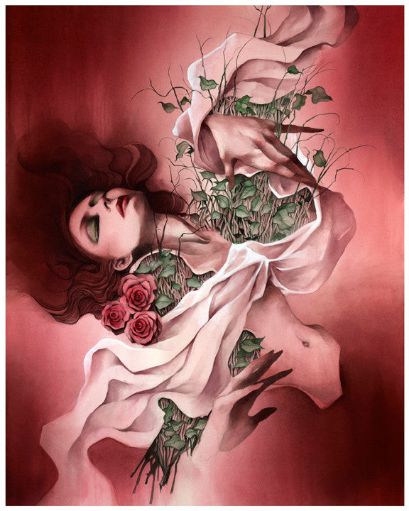 A giclee print titled Requiem by Craww features a woman with long hair, eyes closed, entwined with green vines and roses against a surreal red and pink backdrop.