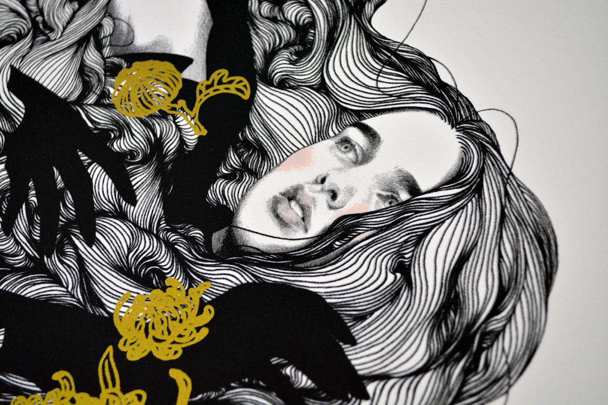 The Yellow Passerby & I by Tran Nguyen is a limited edition signed screenprint depicting a womans face surrounded by flowing hair, expressive black hands, and vibrant yellow flowers in a detailed surreal style.
