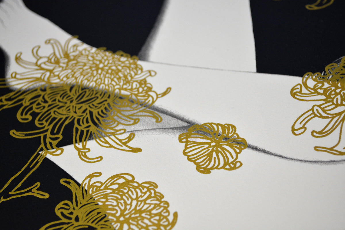 The Yellow Passerby & I by Tran Nguyen is a limited edition screenprint featuring abstract gold floral designs swirling on a black and white background, contrasting against bold geometric shapes, and signed by the artist.