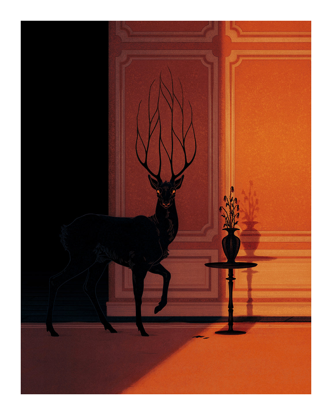 In Jenna Bartons Darker Rooms, a shadowy deer with large antlers stands in a dimly lit room with an orange ornately paneled wall. A small round table with a flower vase completes the archival pigment print effect, casting surreal shadows.