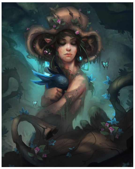 In a dark, mystical forest, Avienne with leafy hair cradles a blue rabbit. Twisting vines and glowing butterflies enhance this ethereal scene, captured as a fine art giclee print in Dave Grecos hand-numbered Avienne edition, bringing this fantasy to life.