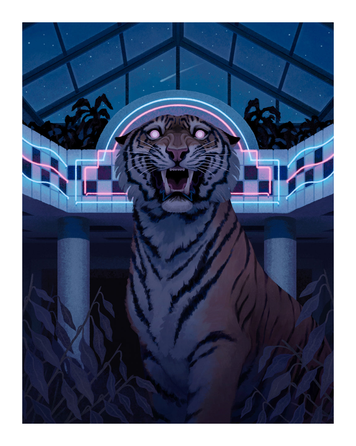 Jenna Bartons Dead Mall archival pigment print captures a tiger with glowing eyes prowling through an abandoned mall at night, bathed in surreal pink and blue neon lights that highlight the grid-patterned dome and wild plants, evoking an otherworldly vibe.