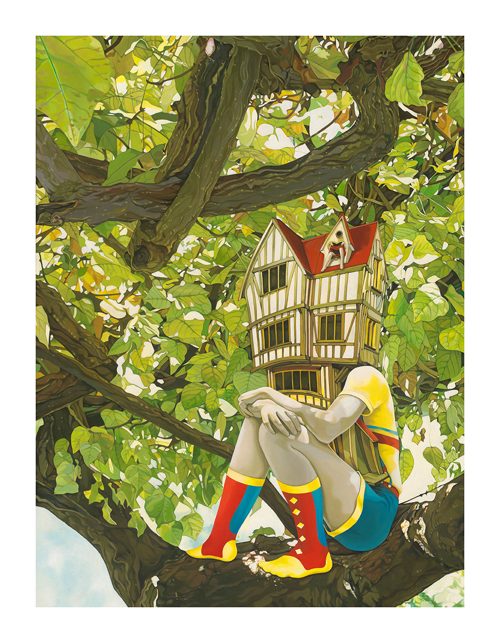 A mystical figure with a wooden house head and colorful attire, one sock displaying a yellow star, sits on a branch amid lush greenery. This unique vision by Jolene Lai is part of the signed and numbered Migration & Dollhouse archival pigment print set.