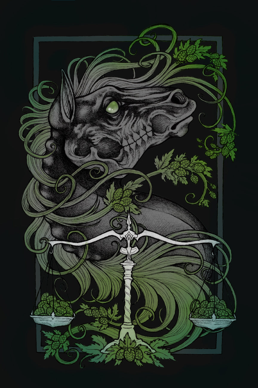 The Caitlin Hackett art piece, The Black Horse of Famine, is an archival pigment print depicting a mystical horse with a flowing mane, glowing eyes intertwined with vines, and scales filled with hops against a dark background.