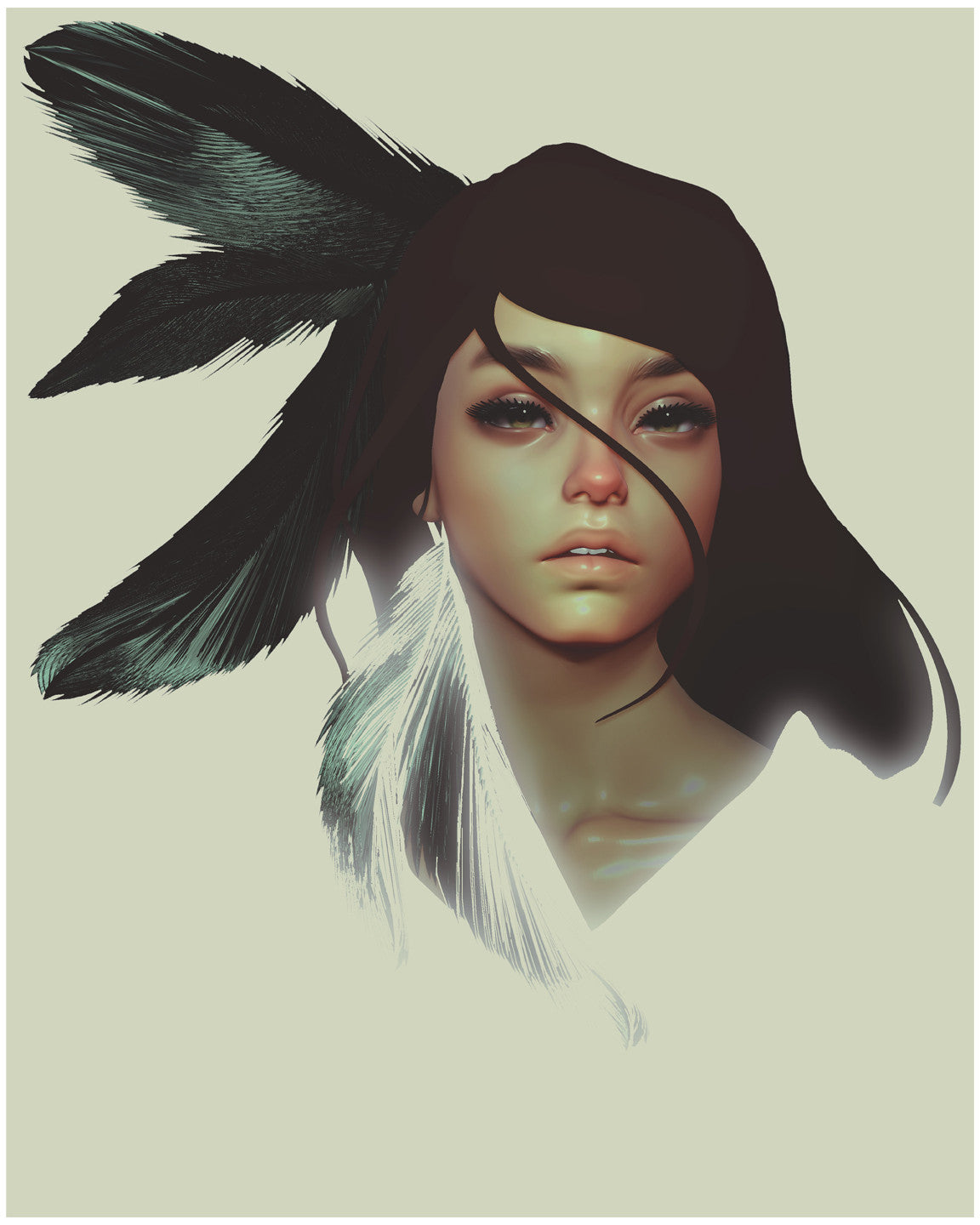 “Dreamcatcher” by Cezar Brandao is a digital painting of a woman with long dark hair, soft features, and expressive eyes, accented by dreamcatcher-inspired black and white feathers in her hair against a minimalist background.