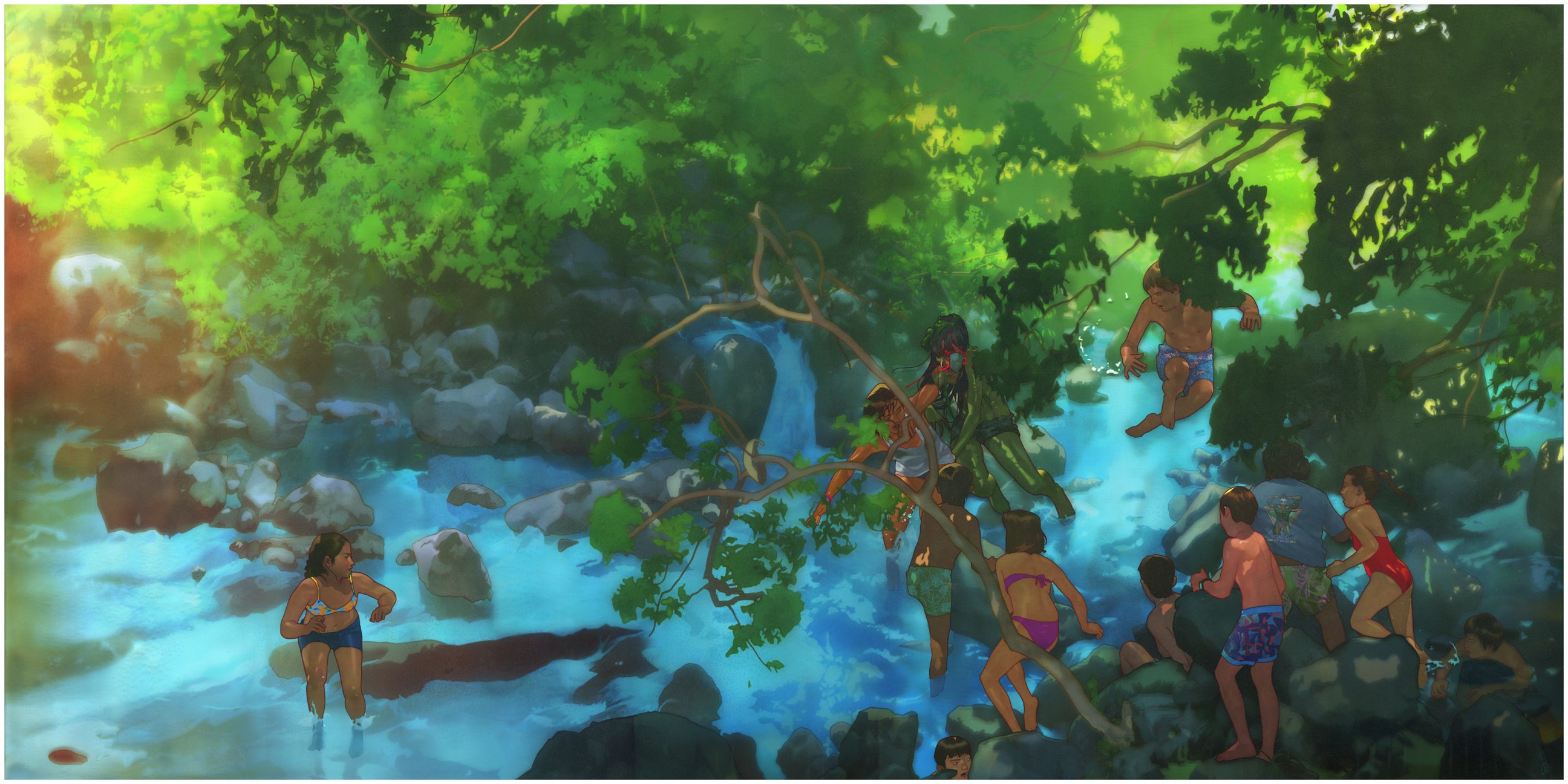 A vibrant day unfolds at a natural pool encircled by lush greenery, echoing Edwin Ushiros You Have the Rest of Your Life to Figure Out the Consequences.... Some swim while others converse on rocks, as sunlight filters through trees, casting dappled light on the clear blue water in this limited edition moment.
