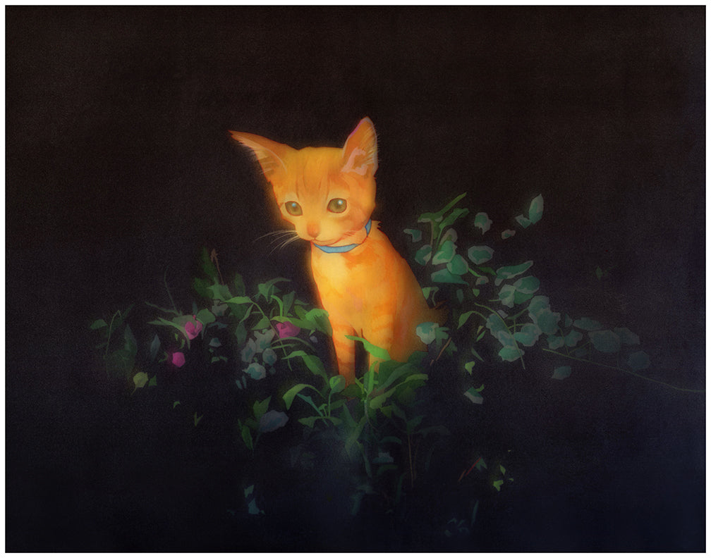 A small orange kitten with a blue collar is captured among green leaves and purple flowers, glowing vividly in Edwin Ushiros style. This curious feline appears as part of A Commemorative Reset Button, resembling an archival pigment print against the dark backdrop.