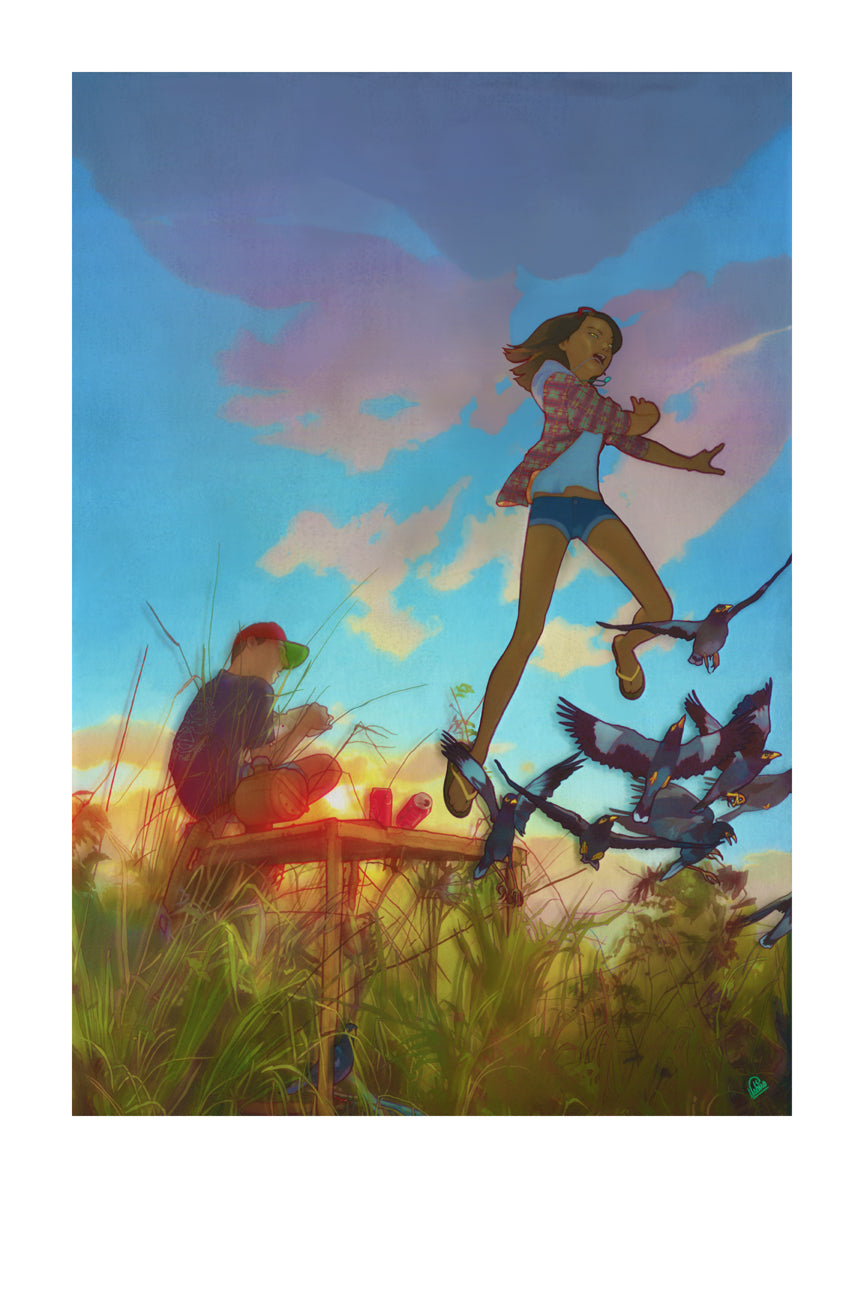 A girl joyfully leaps among flying birds under a vibrant sunset, capturing Edwin Ushiro’s artistic style. Nearby, a boy sits with limited edition paint supplies, watching the scene unfold in an archival pigment print titled One More Second You Are About to Gain.