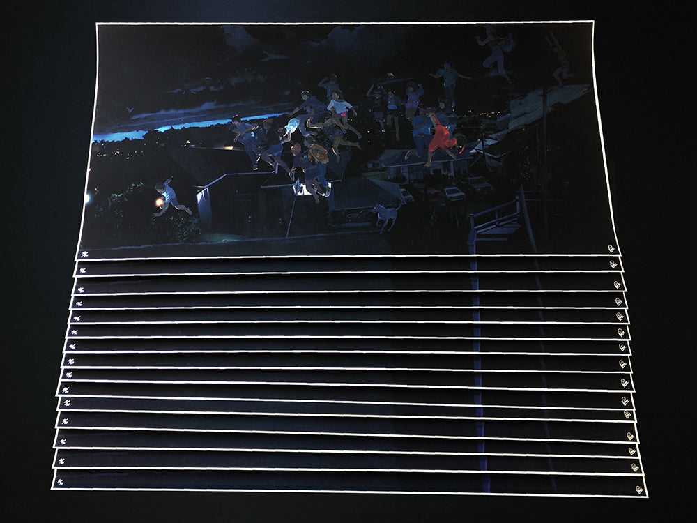 The Lifting and the Releasing, a limited edition archival pigment print by Edwin Ushiro, recreates a dynamic night-time scene with layered panels. Figures and dogs move across a dark landscape, with light and shadow adding depth.