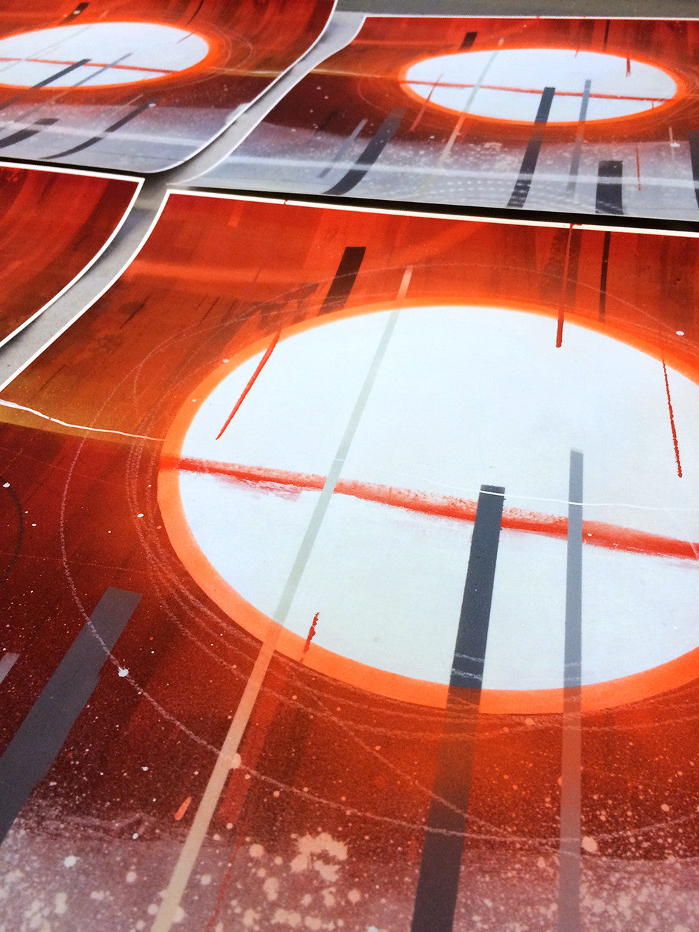 The artwork What Shall Be Shall Be by Erik Otto features large white circles with black and red lines on a fiery orange, textured backdrop. This fine art giclee print showcases overlapping shapes for a dynamic, modern visual effect.