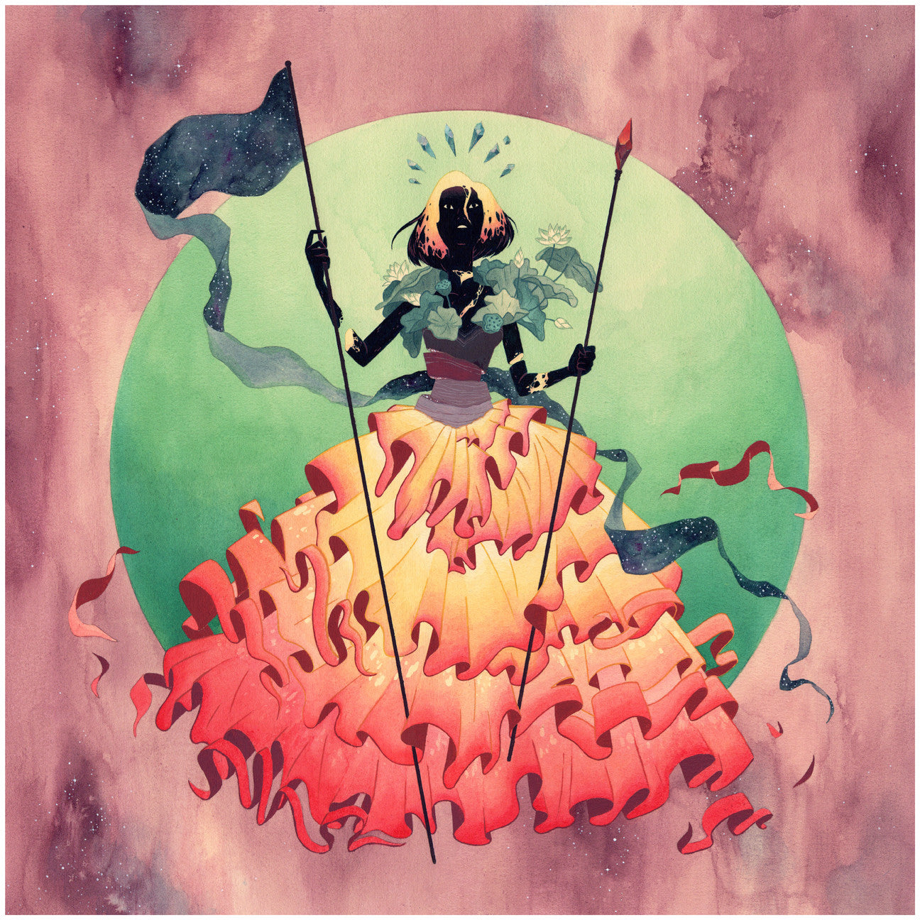 In Julian Callos limited edition fine art giclee print Earth, a silhouetted figure stands against a green circle, wearing a ruffled red and yellow skirt, holding a spear and flag with red ribbons. Flowers crown their head in this abstract artwork.