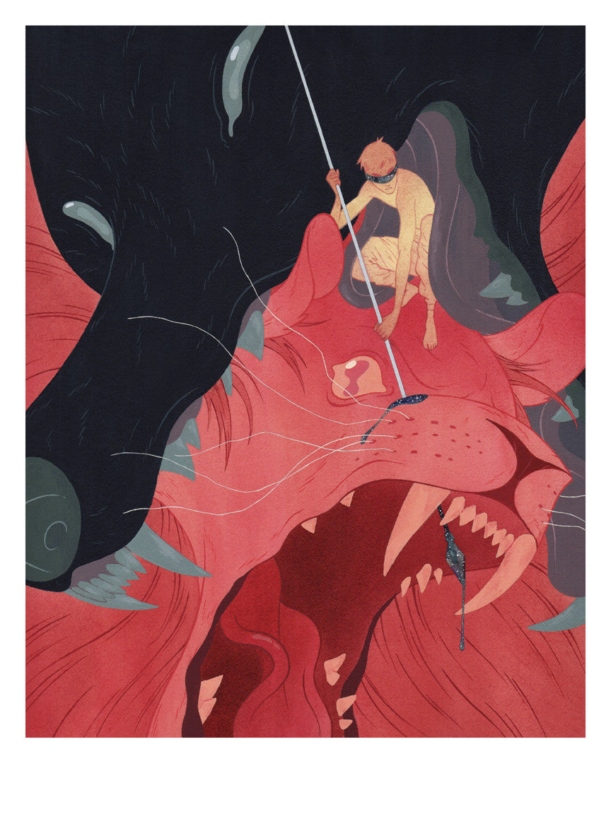 In Eclipse, a limited edition fine art giclee by Julian Callos, a masked figure with a lance stands atop a roaring, large red creature with sharp teeth. The dark background contrasts the vivid red, emphasizing the formidable size of the creatures wide-open mouth.