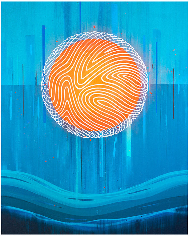 The artwork, Change Starts Within by Erik Otto, depicts an orange sphere with intricate white lines on a blue background. Its design features vertical lines extending from the sphere and wavy horizontal lines at the base, echoing the style of a fine art giclee print.