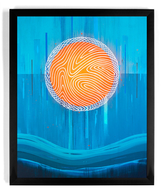 The artwork Change Starts Within by Erik Otto is a framed abstract giclee print showcasing a bright orange sphere with intricate white lines against a vibrant blue background, featuring vertical streaks and wavy horizontal lines reminiscent of a seascape.