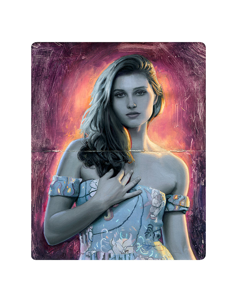 A Rod Luff-inspired archival pigment print titled Flare features a stylized woman with long hair in an off-shoulder dress against a textured, vibrant background. Warm tones create a glowing effect around her head, and its hand embellished for added depth and detail.