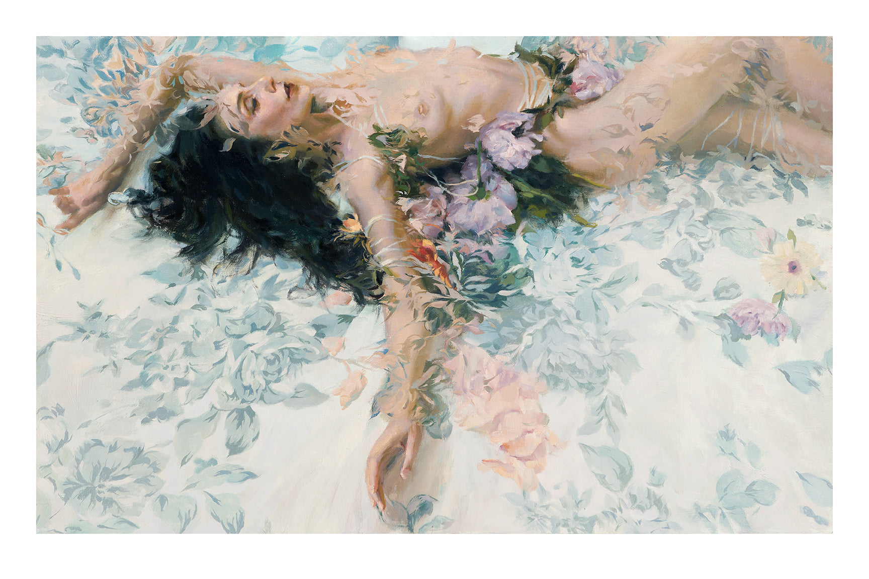 Sergio Lopezs Floribunda is a surreal painting showing a dark-haired figure on a floral surface, entwined with leaves and floribunda blooms, blending into the background to create a harmonious and dreamlike archival pigment print.