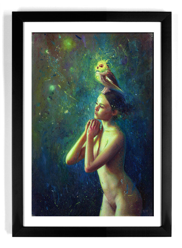 Sentry" by Rod Luff is a limited edition giclee print featuring a nude woman with clasped hands, eyes closed, and an owl on her head, set against a dreamy green-blue textured background with glowing light effects.