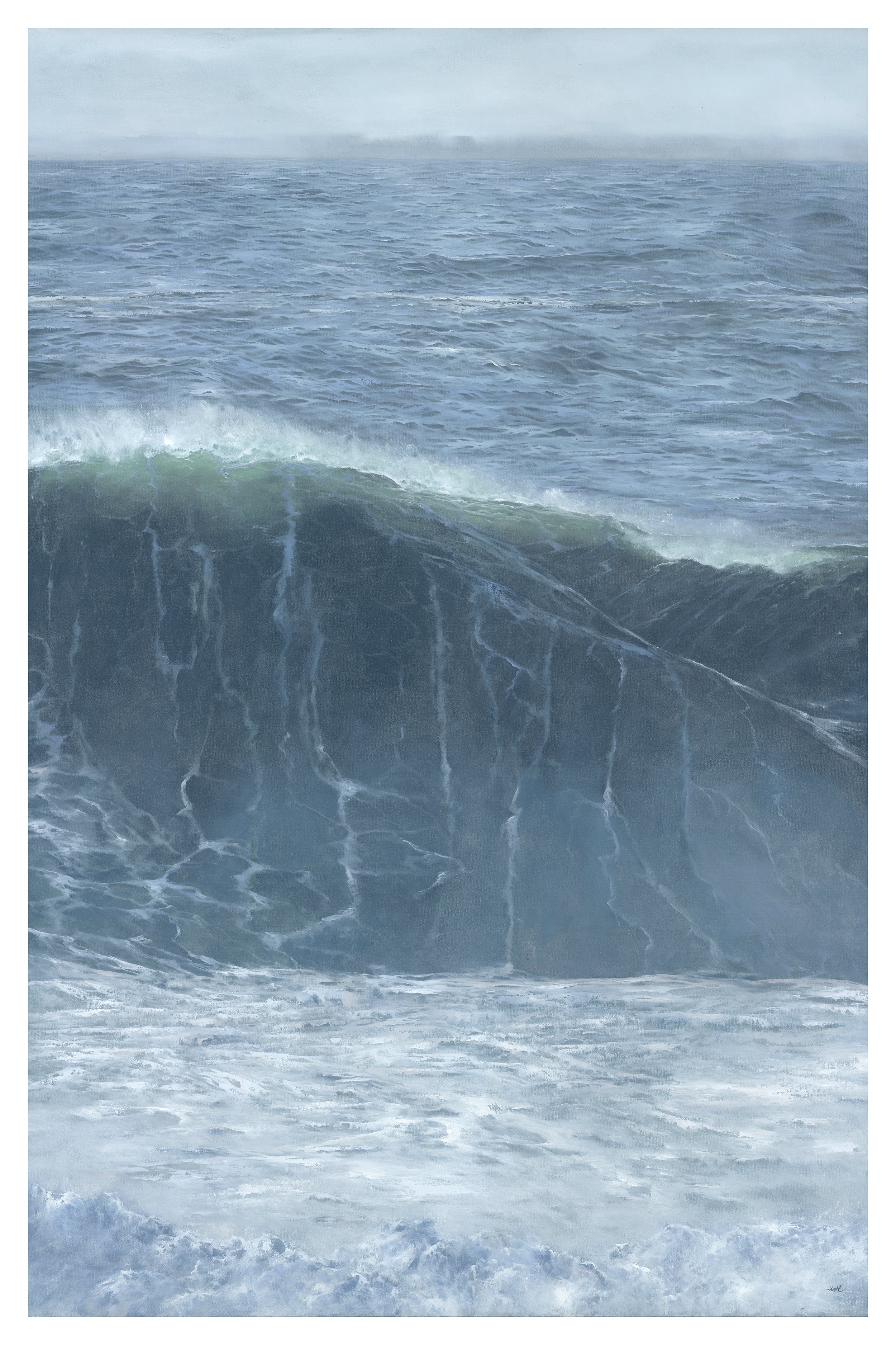 The archival pigment print Goliath Dreams by Adam Hall vividly captures a large, translucent wave mid-crest, with dark blue waters tinged with green and laced with white sea foam against an overcast sky, forming a dynamic seascape.