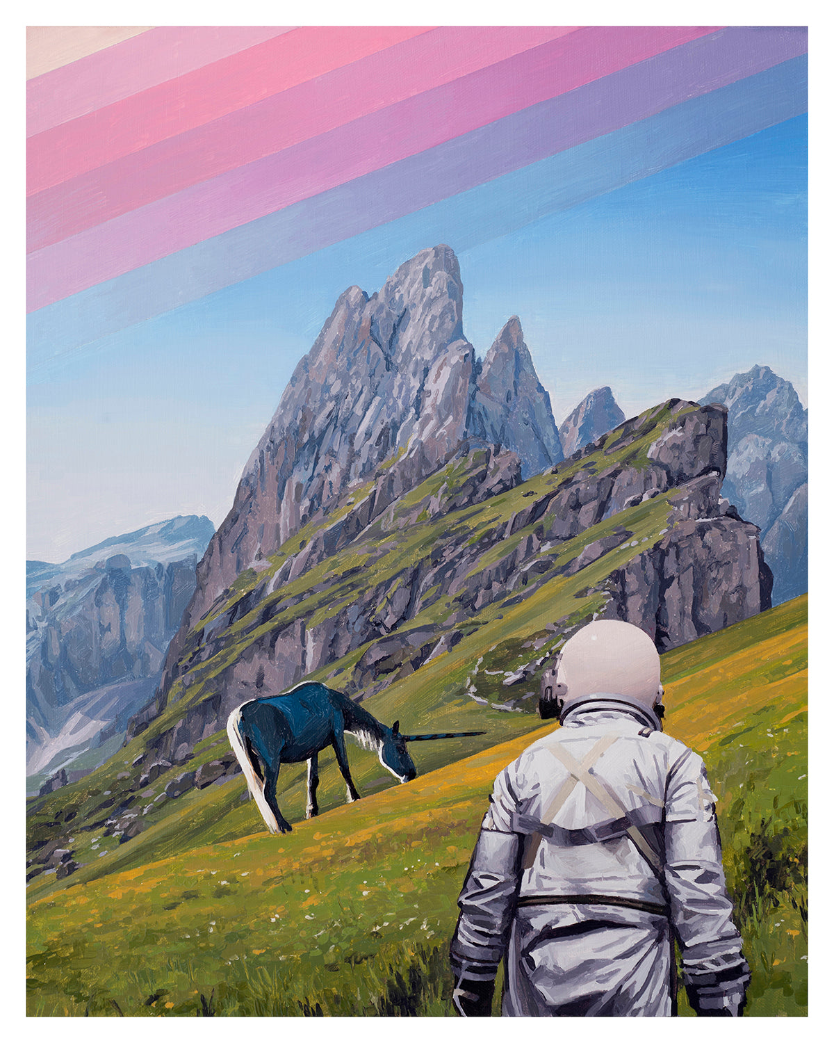 An astronaut by Scott Listfield stands on a grassy hill in Highlands, gazing at a unicorn against rugged mountains and a sky with pink diagonal stripes, creating a whimsical backdrop in this archival pigment print.